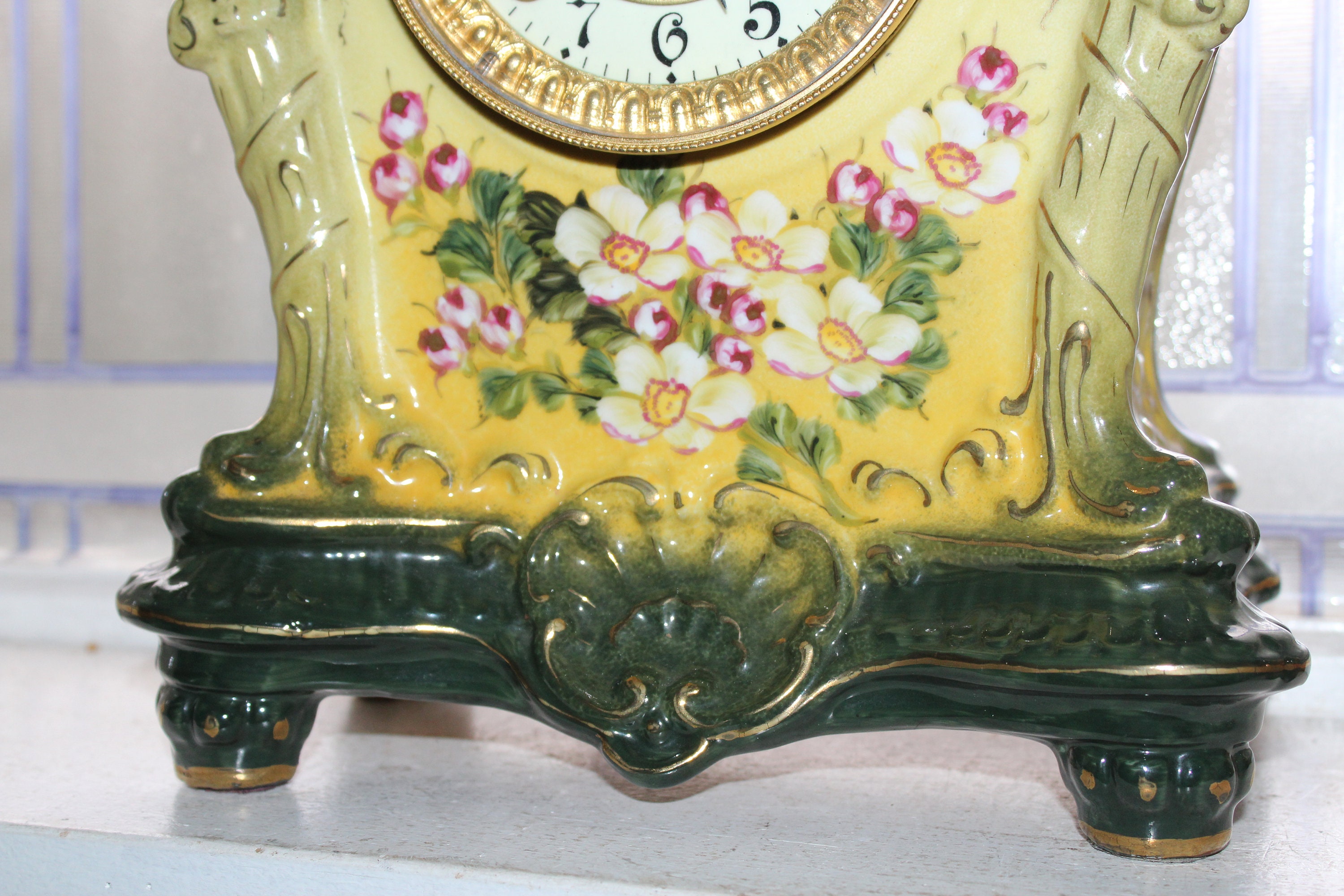 Vintage Porcelain Mantle Clock 8 Day with Floral Decorations