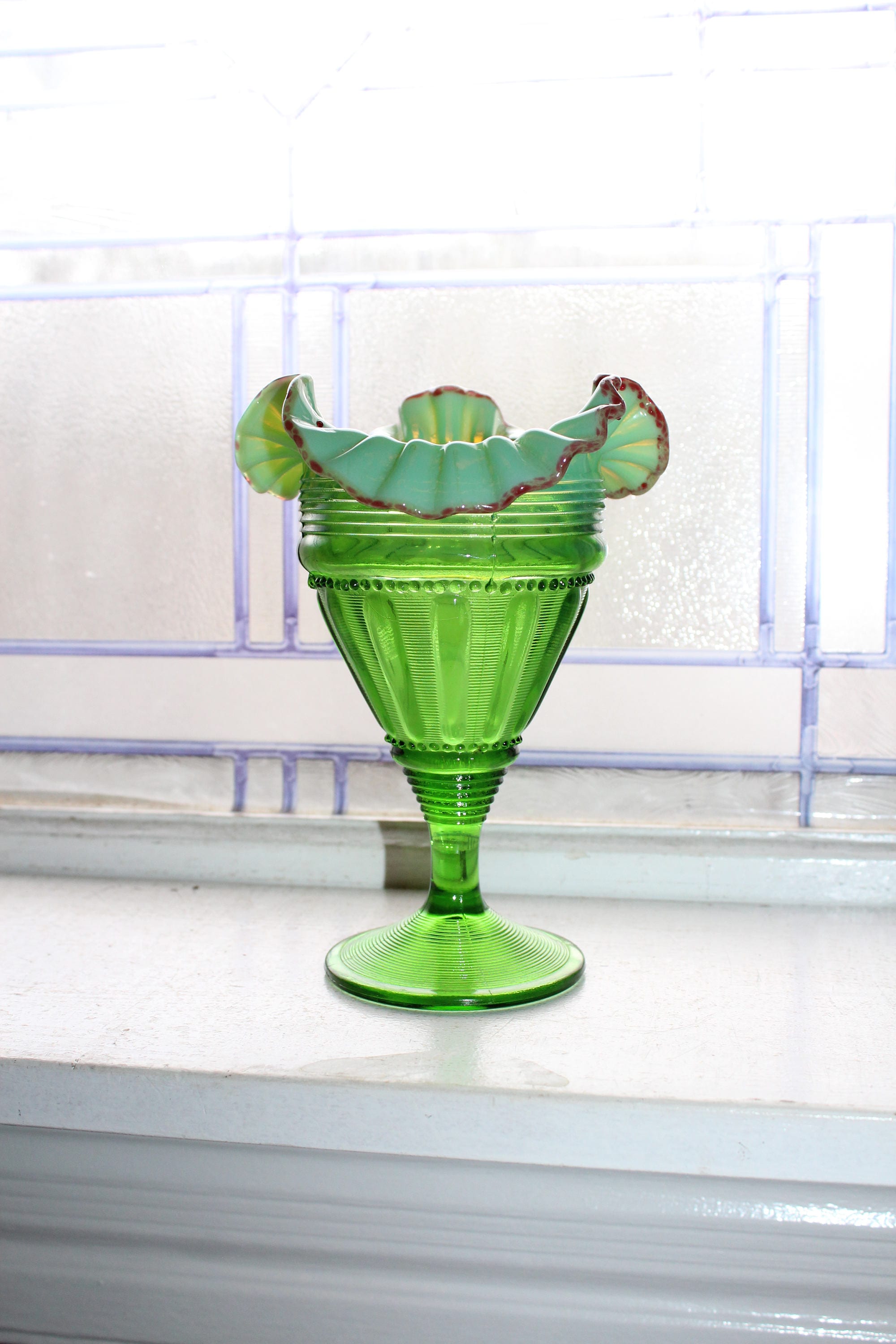 Antique Green Glass Vase Ruffled Rim Red Trim Opalescent EAPG
