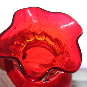 Vintage Mid Century Red Crackle Glass Vase with Clear Applied Ribbon image 4