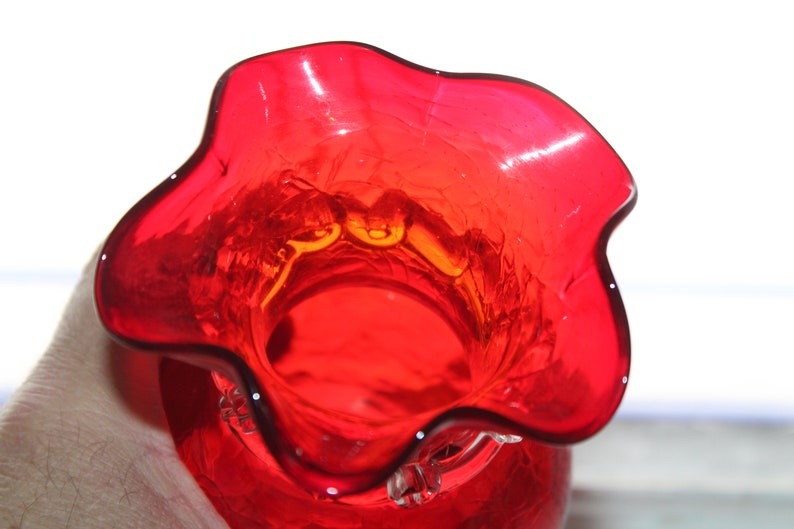 Vintage Mid Century Red Crackle Glass Vase with Clear Applied Ribbon image 4