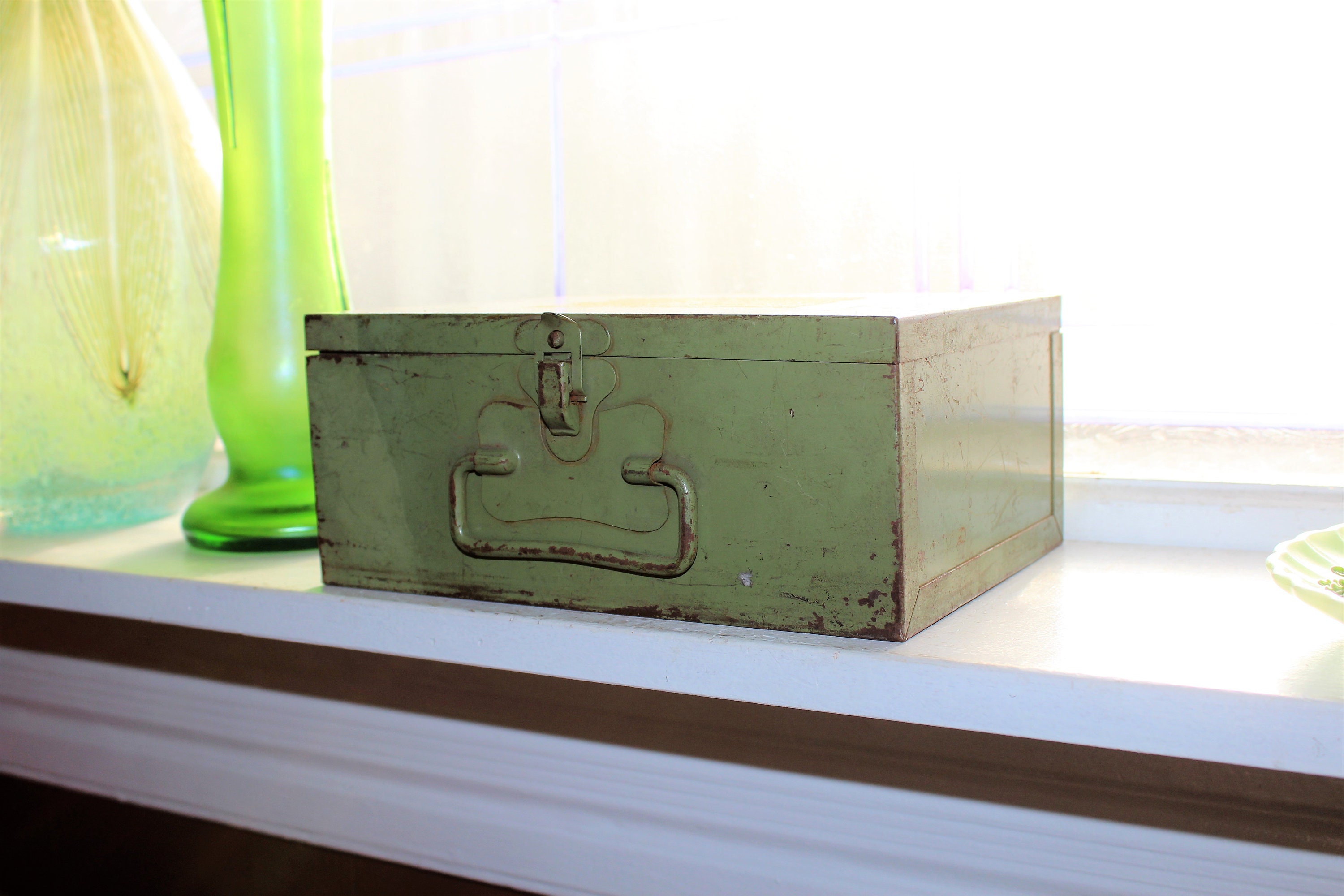 Vintage Metal Box Green Industrial Decor Storage