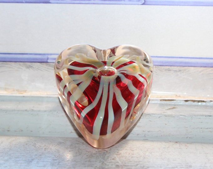 Vintage Art Glass Heart Paperweight Red and White Stripes