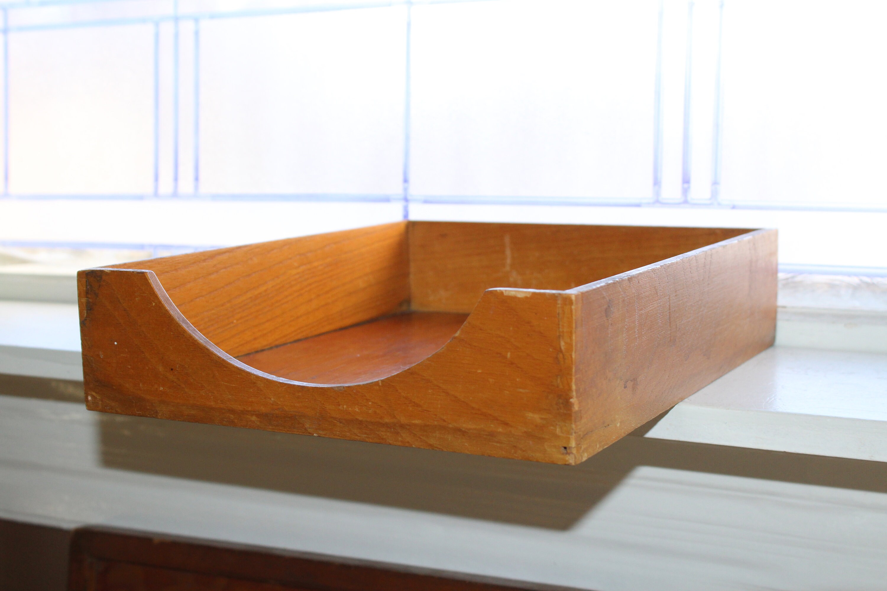 Vintage Mid Century Wooden Paper Tray Desk Storage