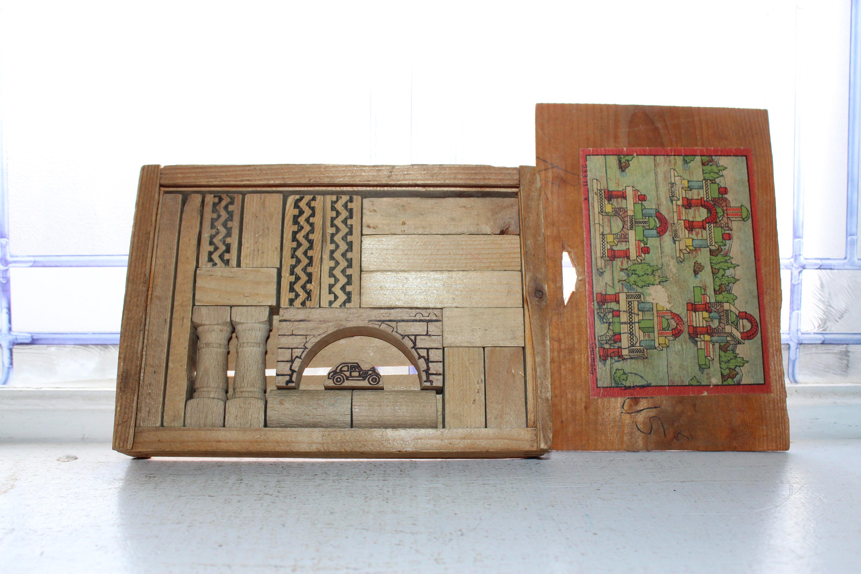 Antique Toy Wood Building Blocks In Box Made in Germany 1910s
