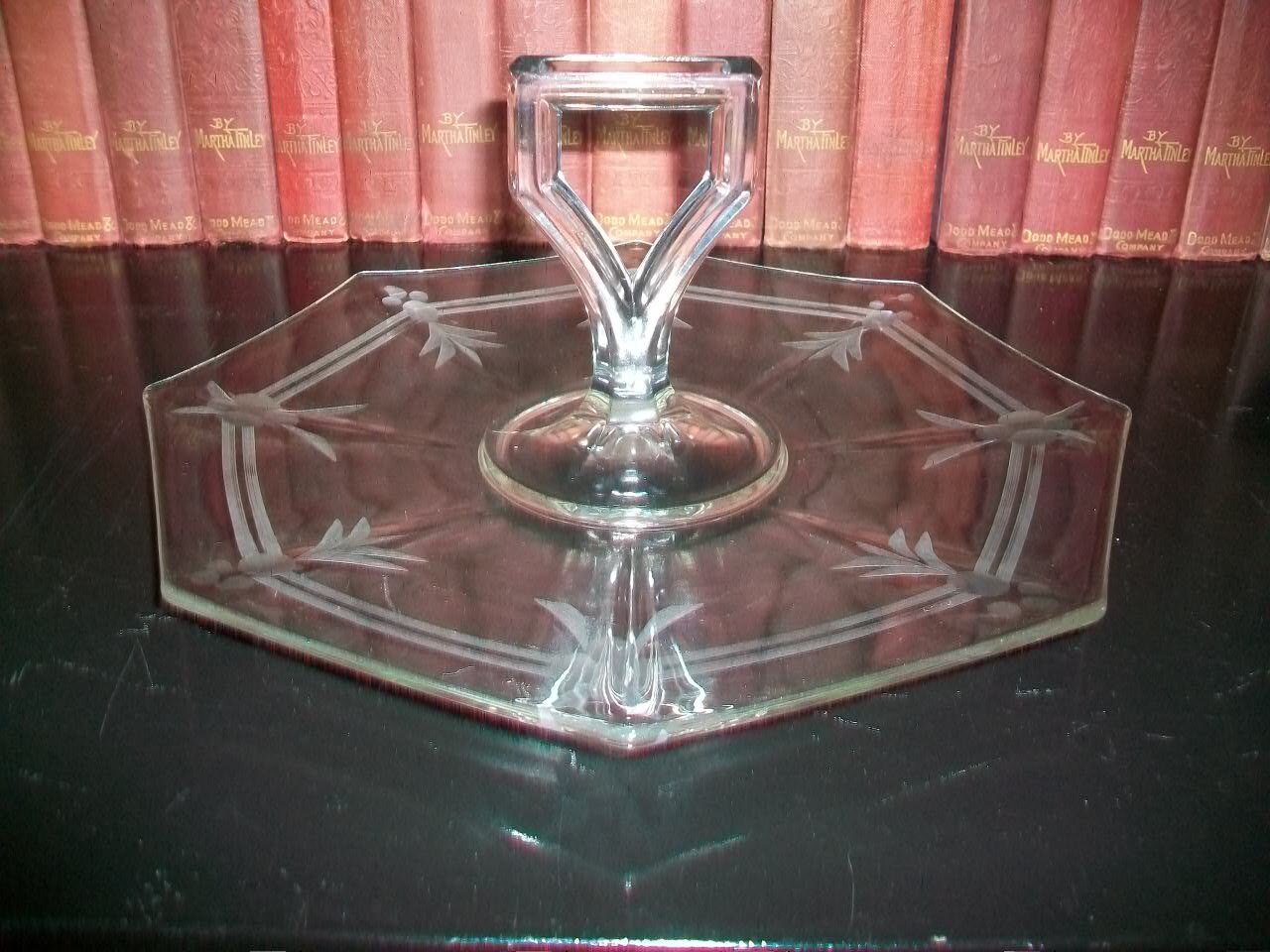 Etched Glass Serving Tray Plate Platter With Center Handle Vintage Art Deco