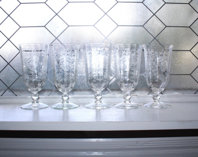 5 Vintage Heisey Orchid Etched Iced Tea Glasses