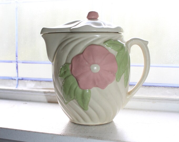 Vintage Pottery Pitcher with Lid and Prairie Rose Decoration