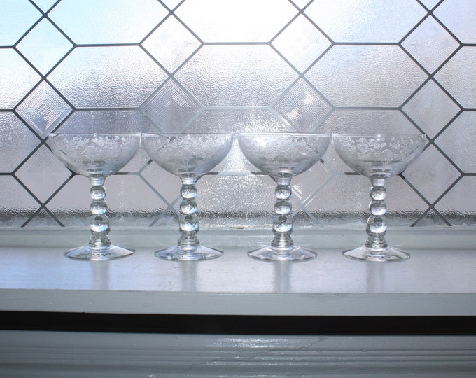 4 Vintage Duncan & Miller First Love Champagne Glasses 1930s Etched Crystal