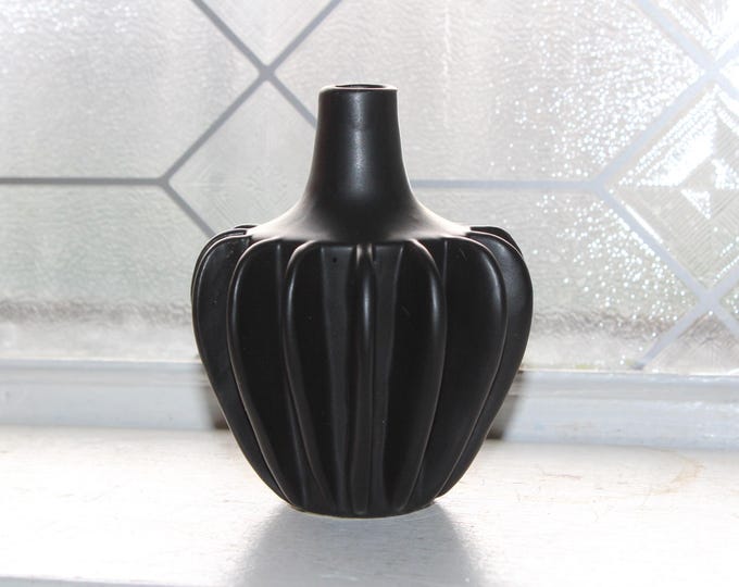Vintage Black Ribbed Carved Pottery Posy Vase