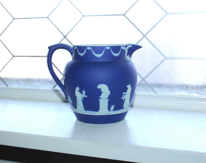 Vintage Wedgwood Small Pitcher Cobalt Blue Dipped Jasperware Classical Figures