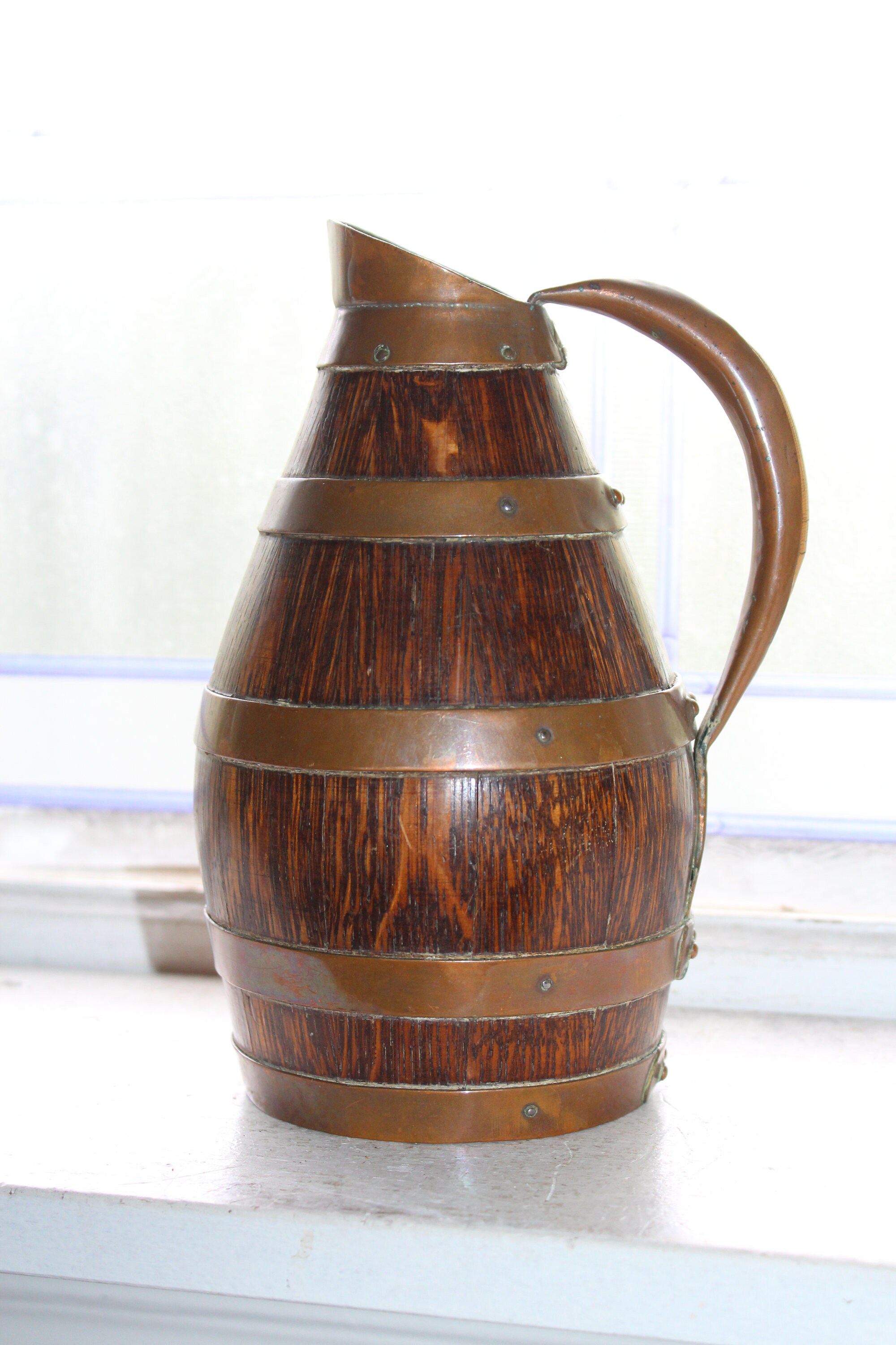 Antique French Wine Pitcher Barrel Carafe Oak and Copper
