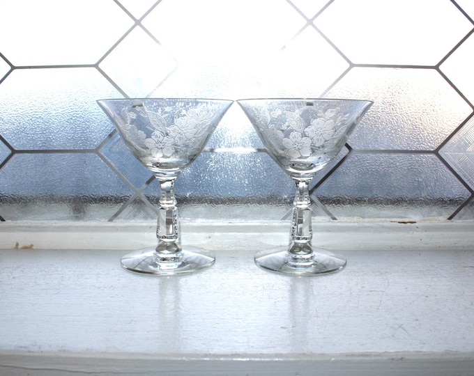2 Vintage Duncan & Miller Crystal Language of Flowers Champagne Glasses 1940s