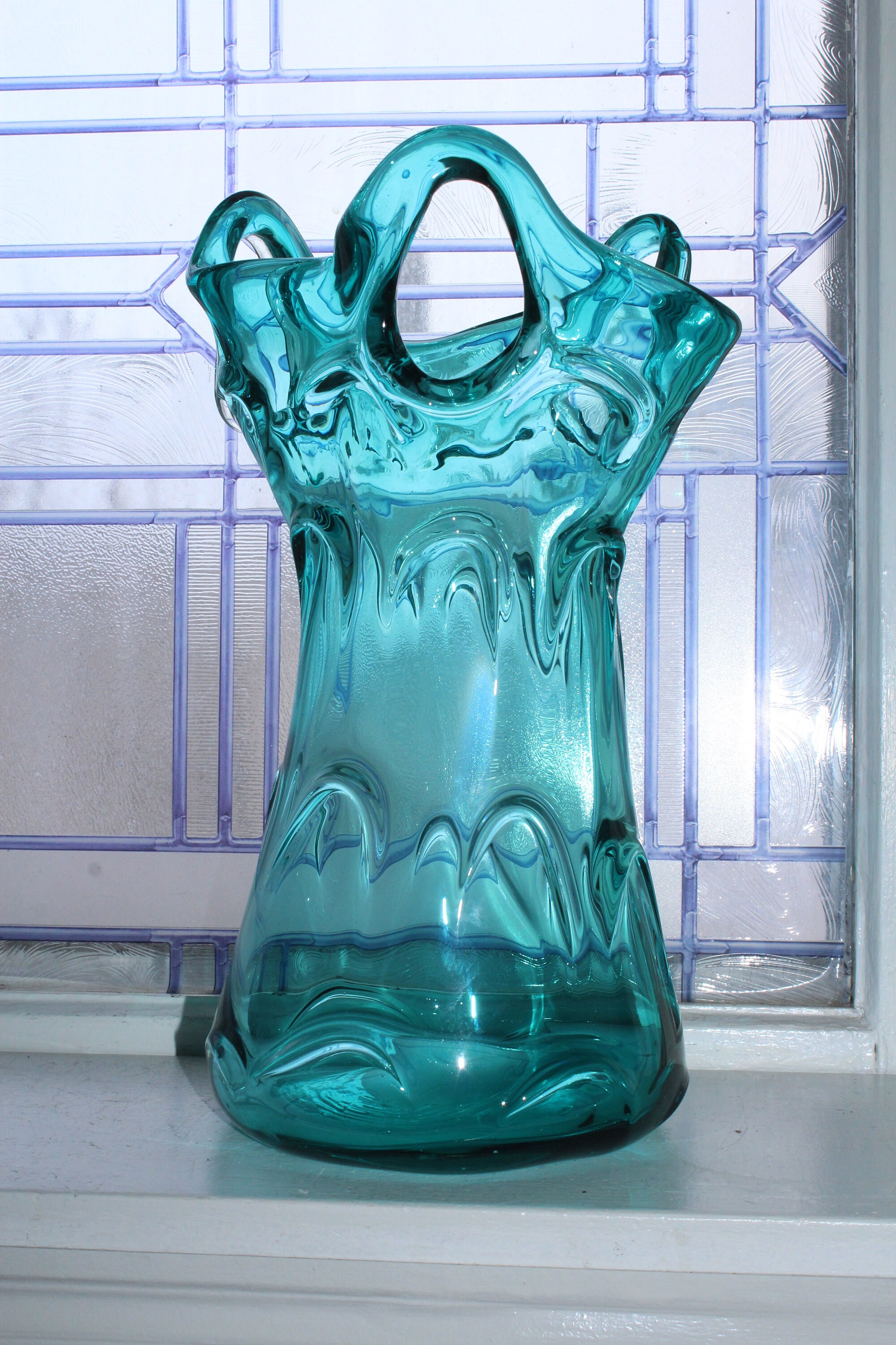 Large Vintage Teal Glass Vase Free Form Openwork 13