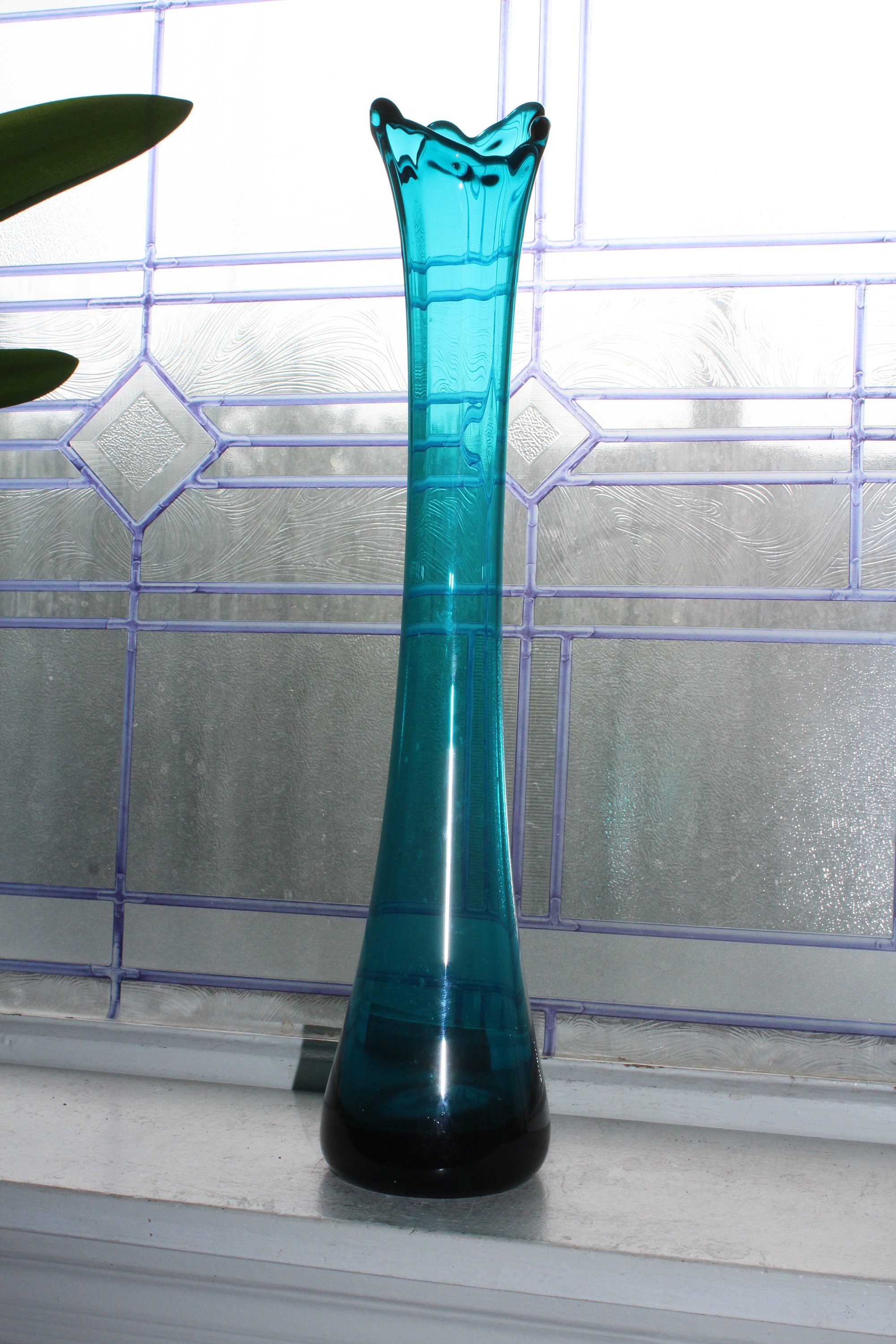 Large Teal Blue Swung Glass Vase 17 Vintage 1960s