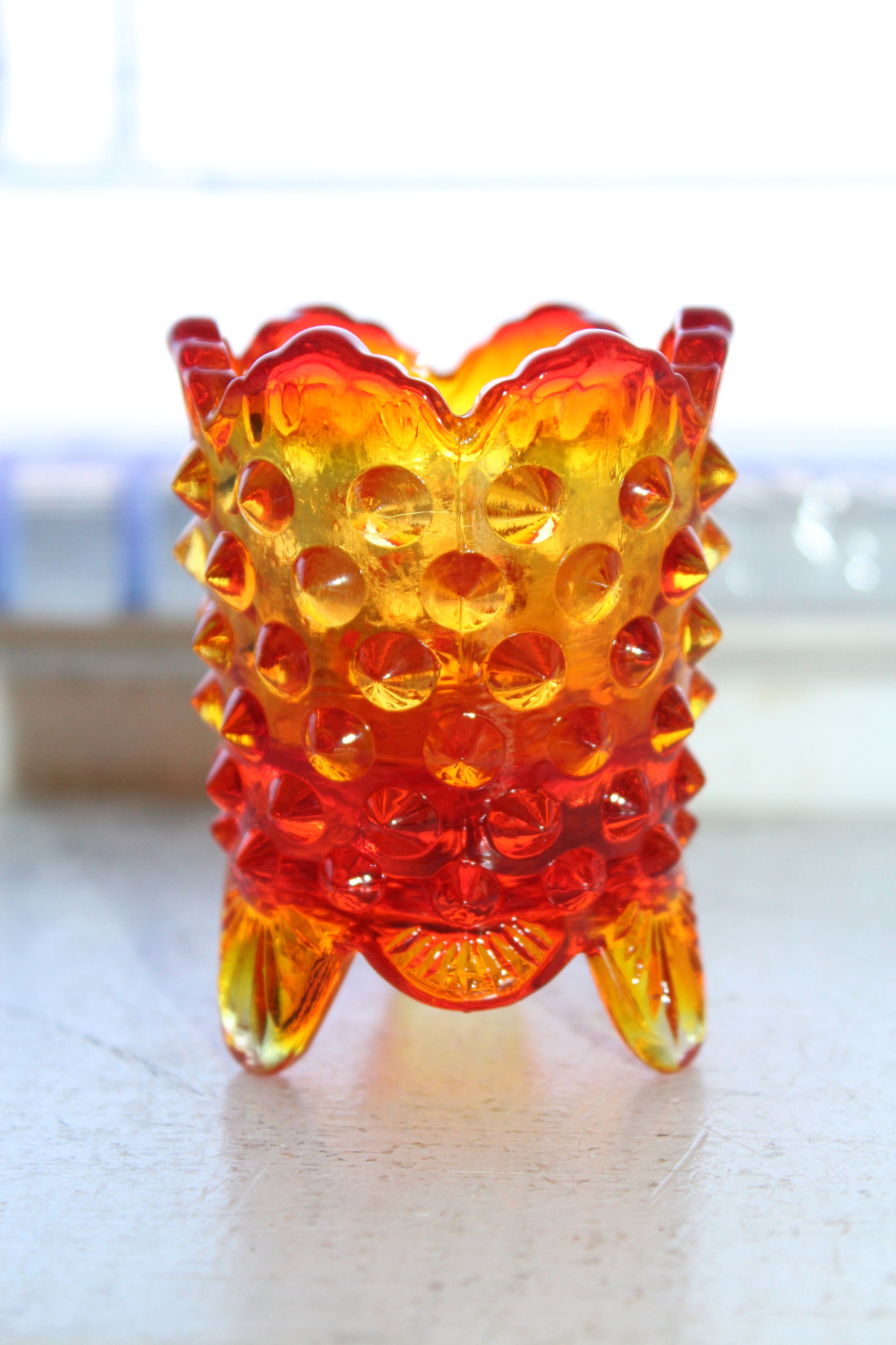 Vintage Footed Toothpick Holder Fenton Orange Glass Hobnail