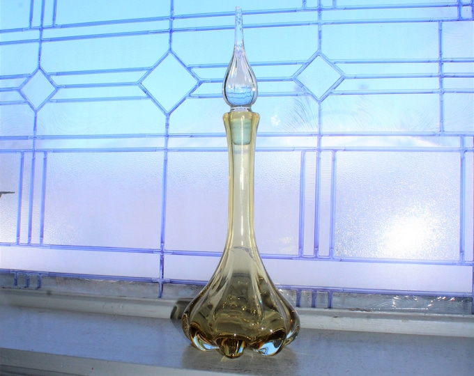 Mid Century Murano Amber Glass Lobed Base Decanter with Teardrop Stopper