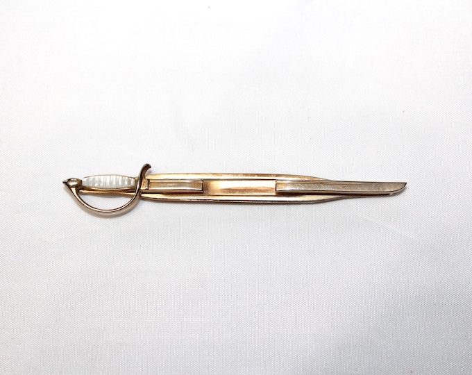 Vintage SWANK Tie Clasp Clip MOP Grip Dress Sword Gold Tone Men's Jewelry