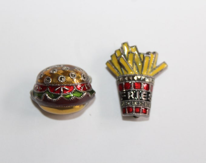 Vintage Judith Jack Sterling Silver Marcasite Enamel Hamburger and Fries Pins