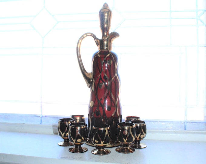 Mid Century Bohemian Glass Decanter & 7 Glasses Brown with Gold