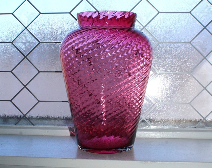 Large Vintage Cranberry Spiral Glass Vase