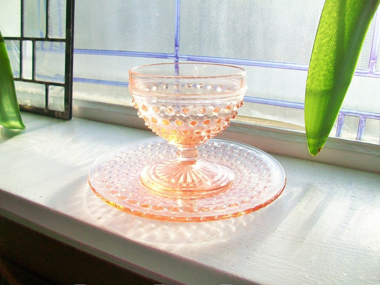 Vintage Pink Depression Glass Hobnail Sherbet and Plate 1930s