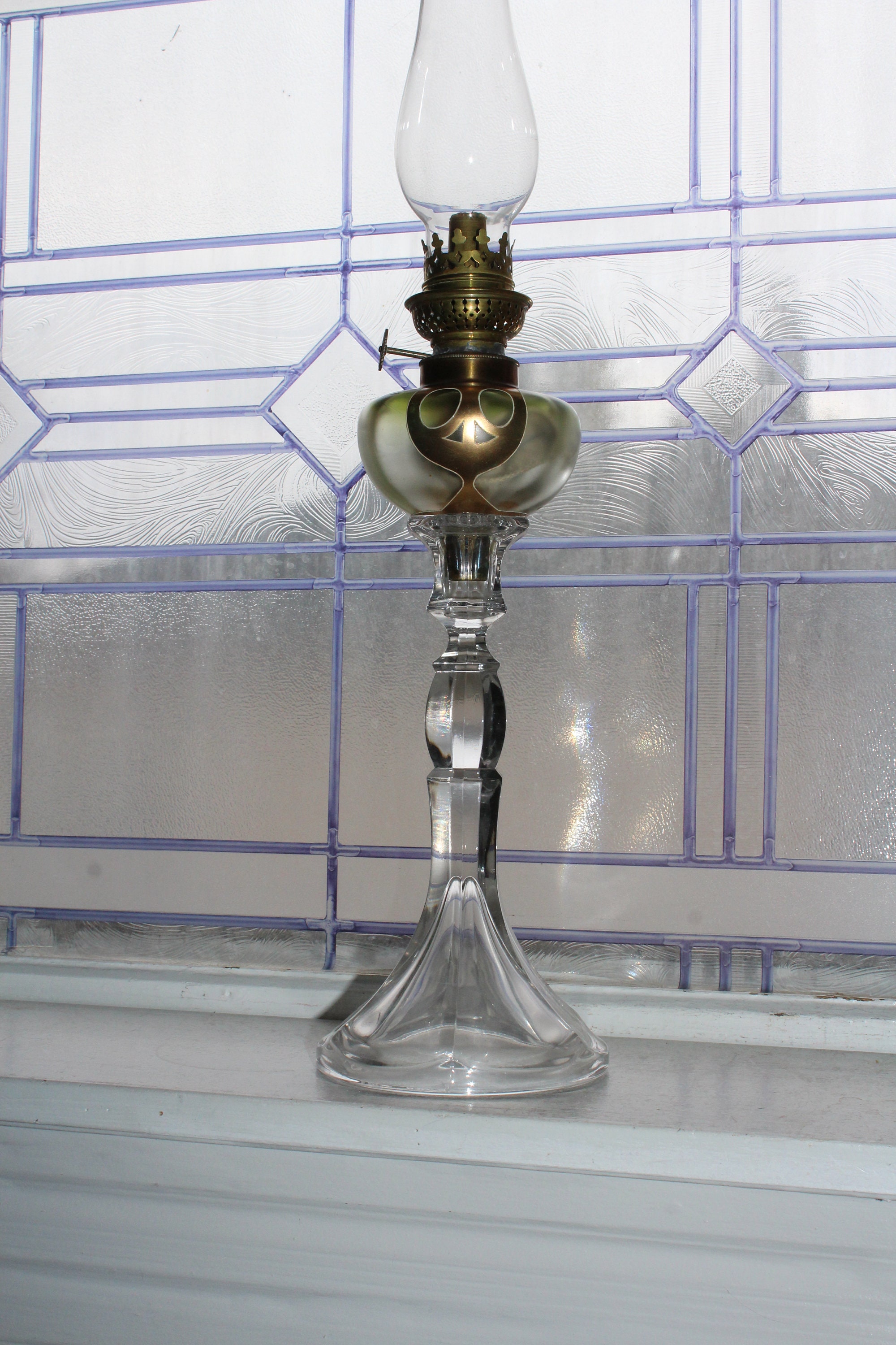 Antique Loetz Glass Oil Lamp Olympia Green with Gold Overlay