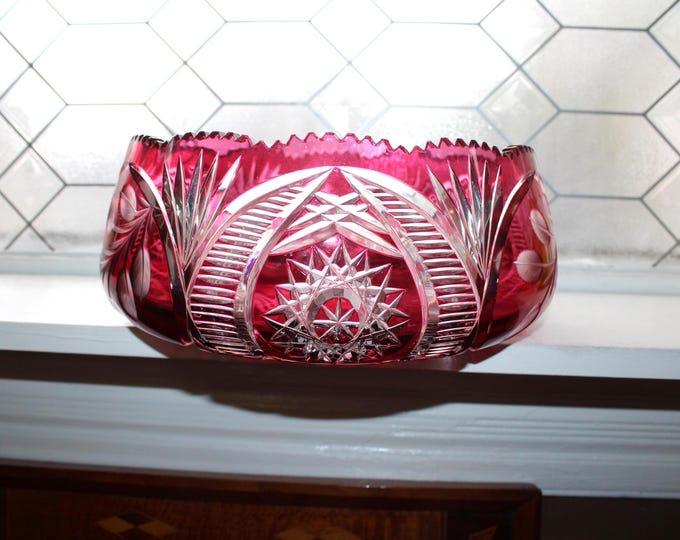 Large Red Cut To Clear Centerpiece Bowl Vintage Bohemian Czech Glass