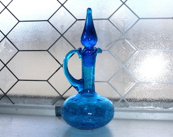 Mid Century Blue Crackle Glass Pitcher Decanter with Teardrop Stopper