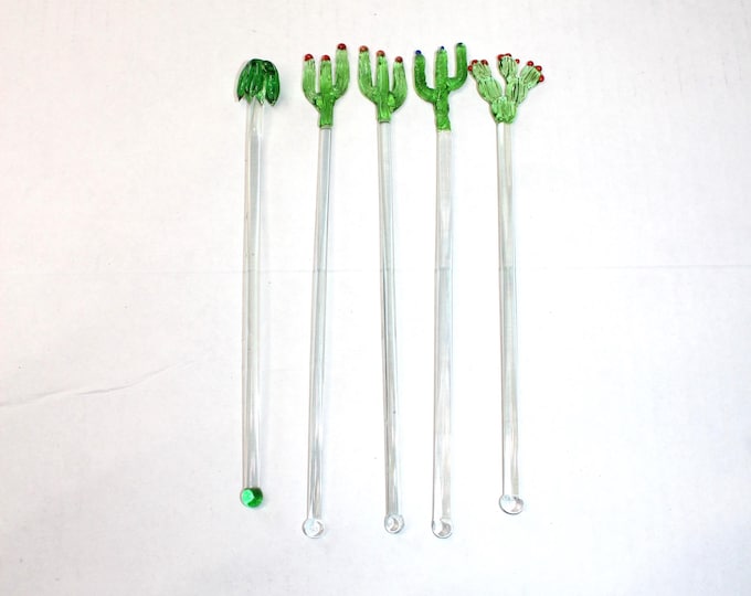 5 Glass Cactus & Palm Tree Cocktail Swizzle Stir Sticks Tiki Bar Decor