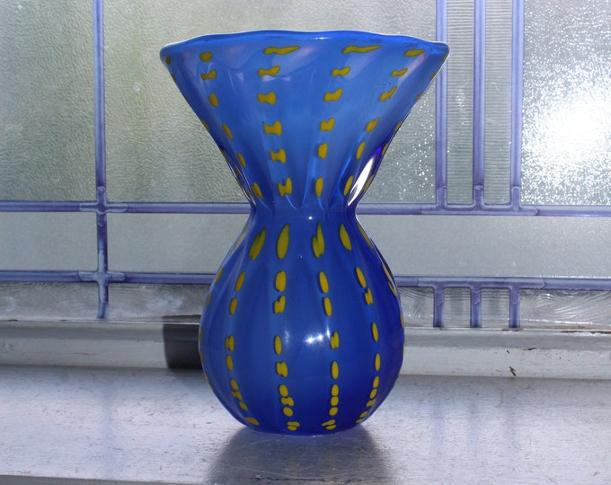 Viz Art Glass Flared Rim Vase Hand Blown Blue with Yellow Dots