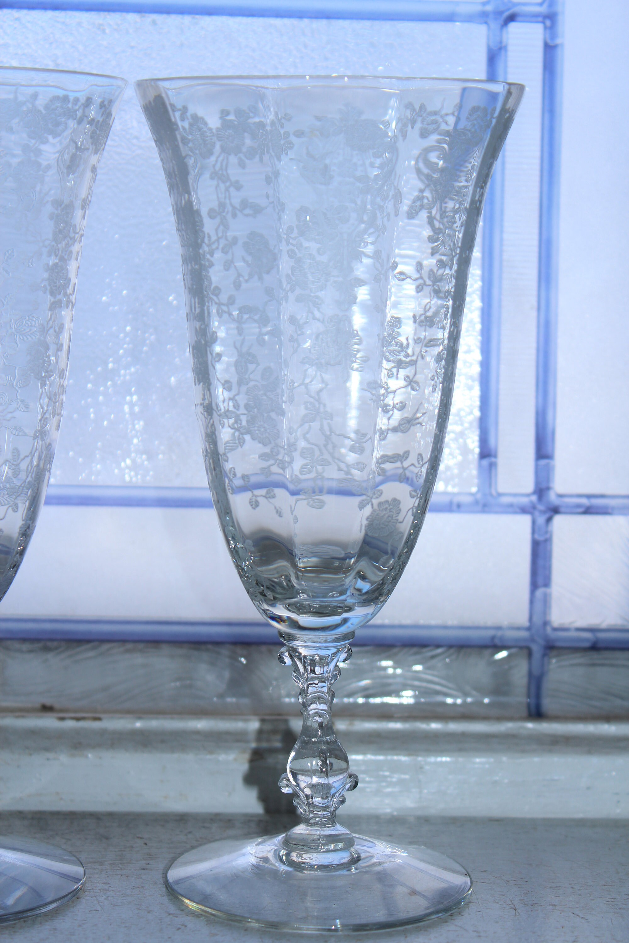 3 Cambridge Rose Point Etched Iced Tea Glasses Vintage Stemware