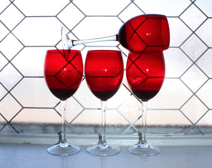 4 Vintage Holiday Ruby Red Wine Glasses 8 1/2"