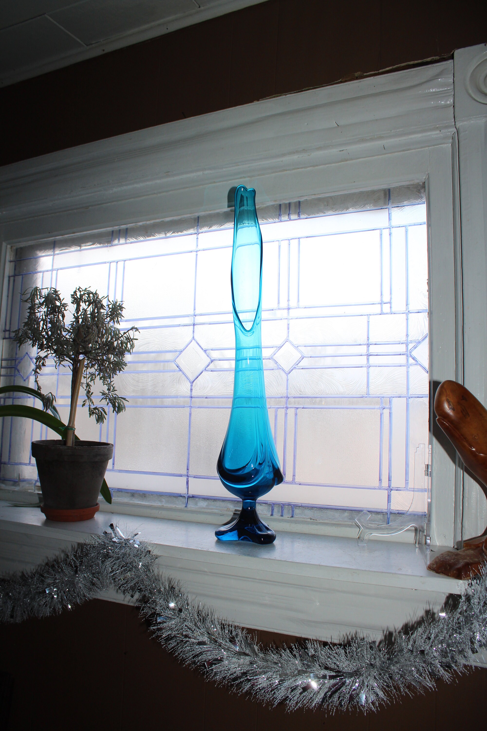 Large Blue Swung Glass Vase 24 Vintage Mid Century Modern