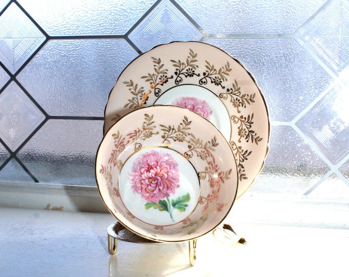 Paragon Tea Cup and Saucer Pink Aster Chrysanthemum and Gold