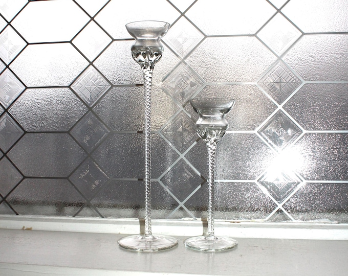 Large Vintage Empoli Clear Glass Candle Holders Pair with Spiral Stem 12"