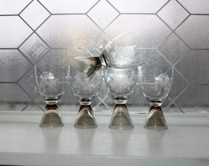 5 Vintage Rosenthal Crystal Red Wine Glasses Fortuna Smoke with Cut Rose