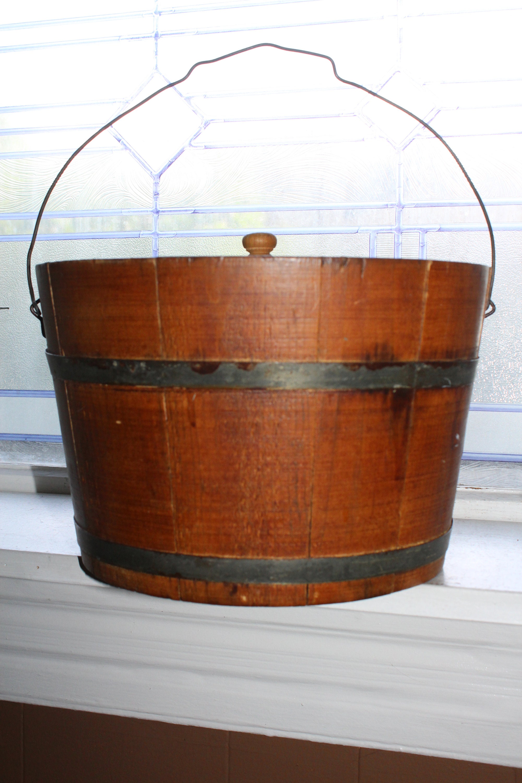 Large Antique Wooden Pail Wood Bucket Firkin Spaulding & Frost