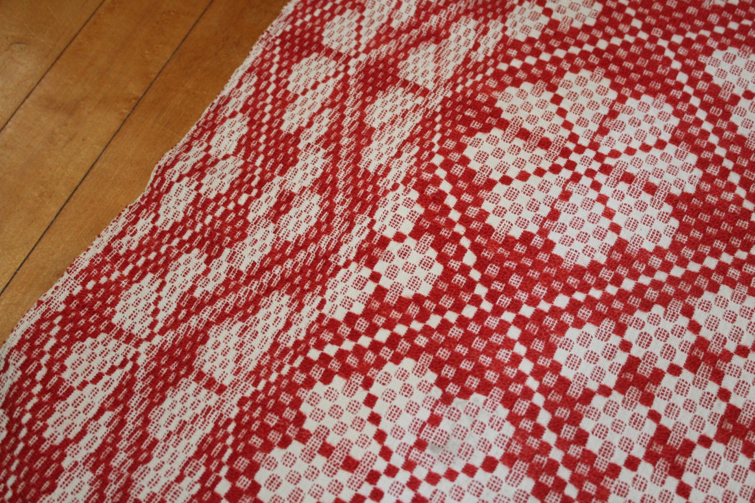 Antique Coverlet Red and White Reversible Jacquard Weave Mid 1800s