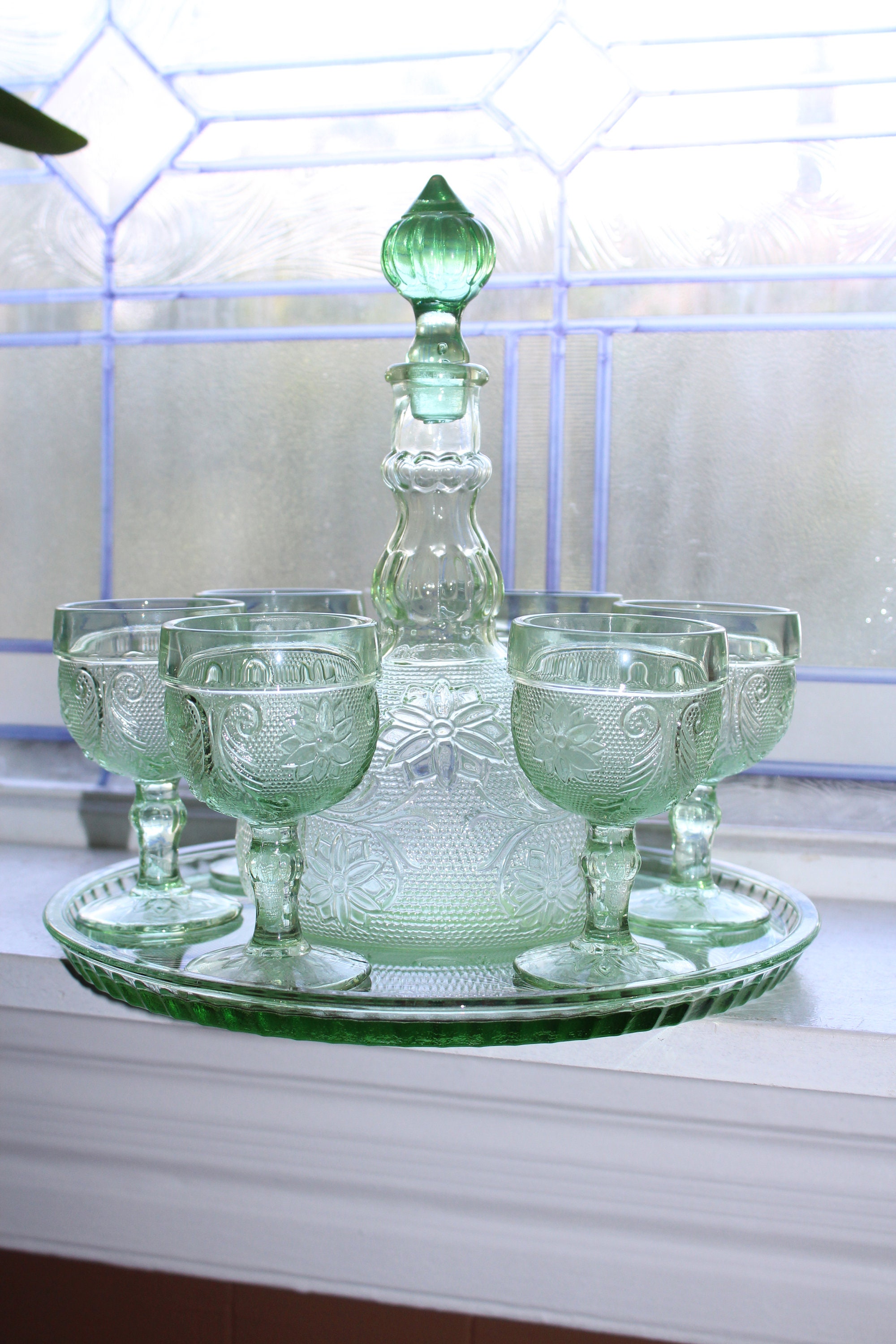 Green Tiara Sandwich Glass Decanter 6 Goblets and Tray