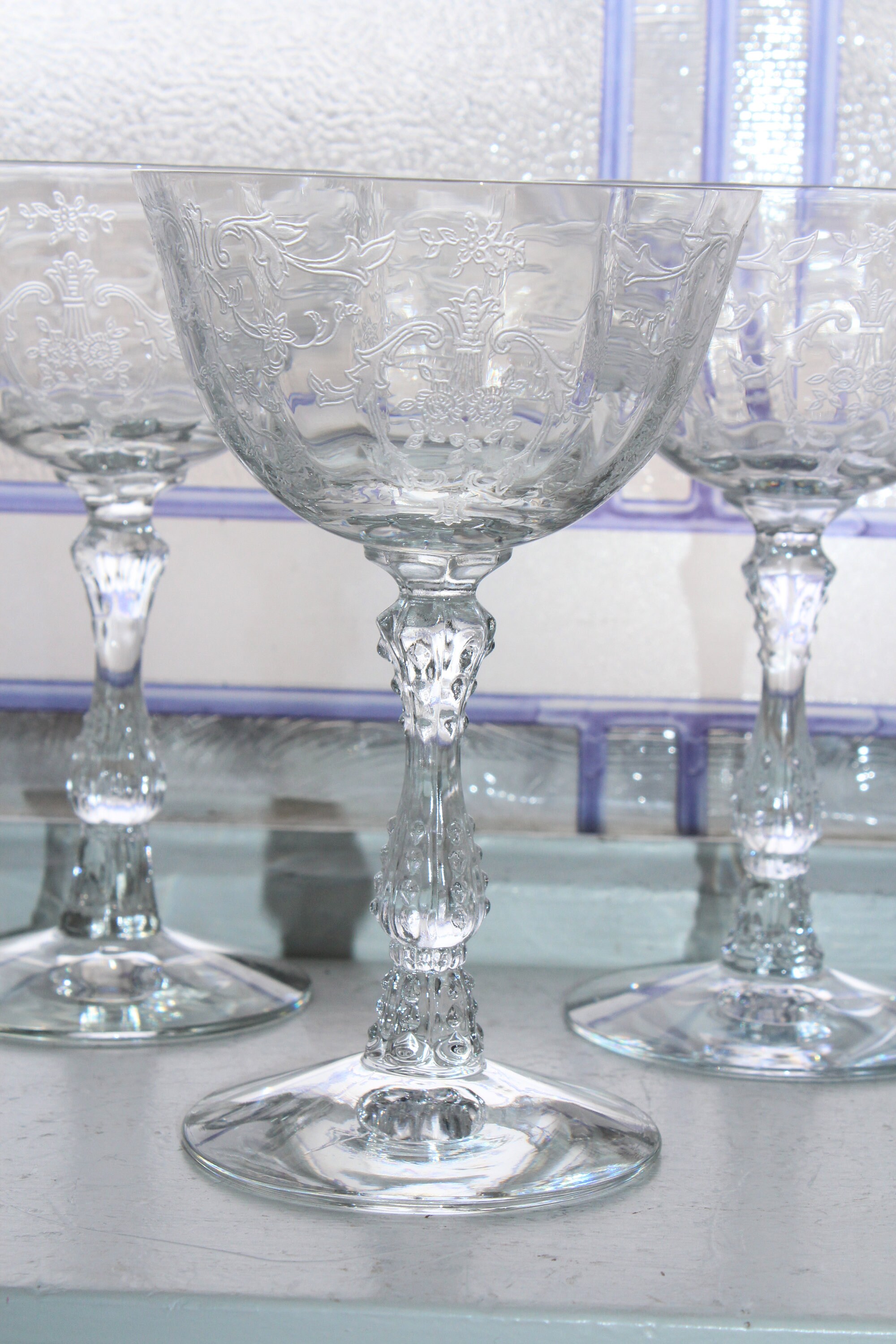 7 Fostoria Navarre Champagne Glasses Vintage 5 5/8 Stemware 1940s