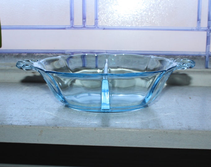 Fostoria Baroque Divided Mayo Dish Azure Blue Vintage 1930s Glass