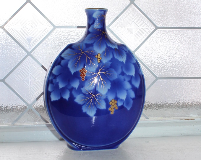 Vintage Japanese Fukagawa Porcelain Vase Cobalt Blue Gold & Burgundy Grapevine