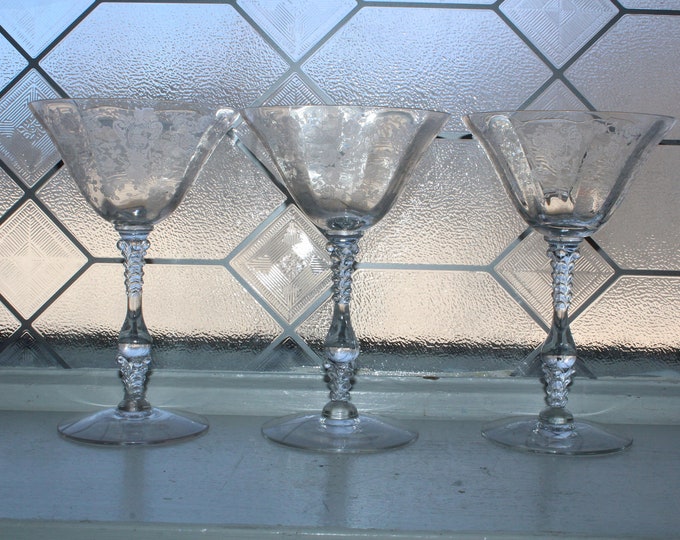 3 Cambridge Rose Point Etched Champagne Glasses Vintage Tall Sherbets