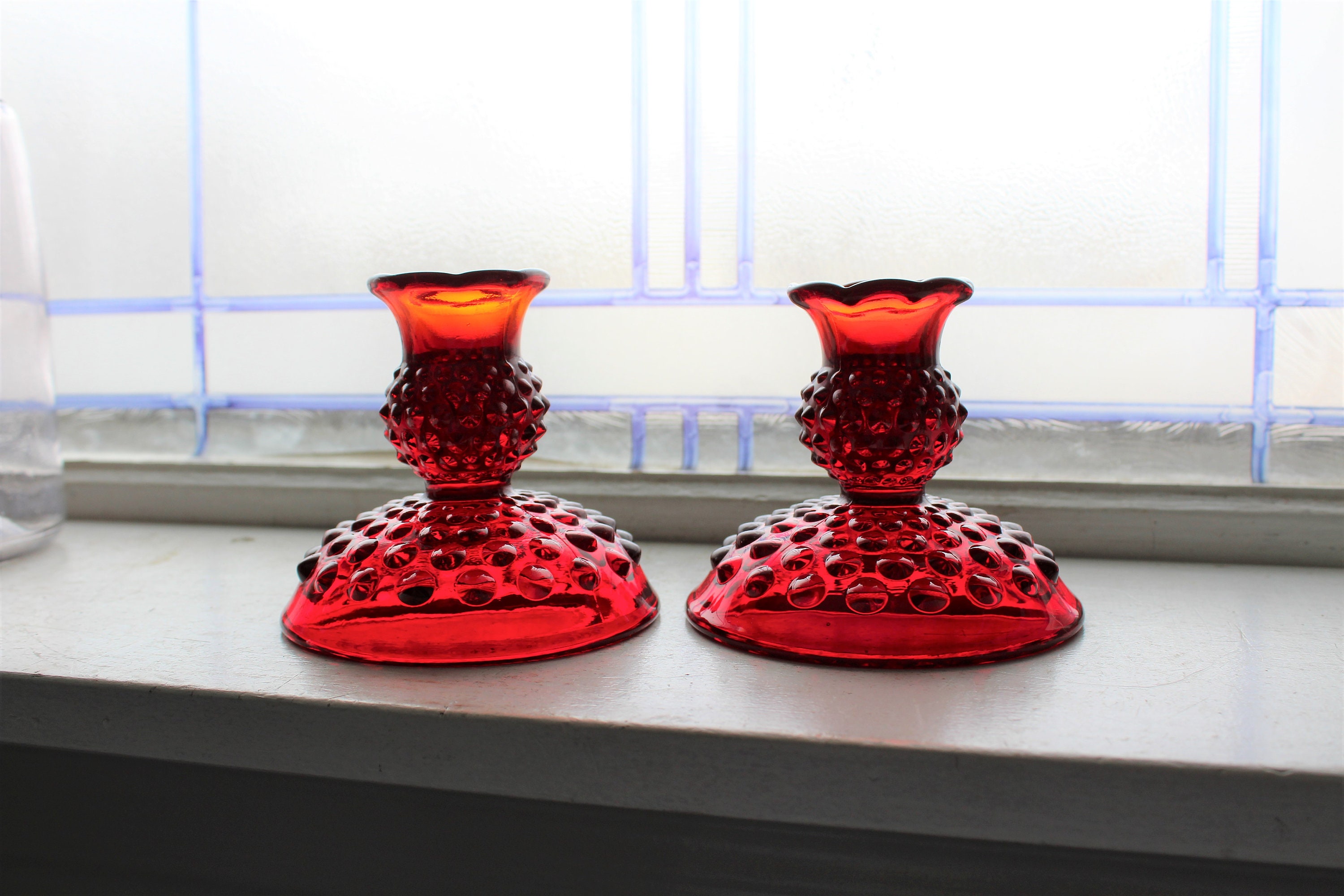 Ruby Red Glass Hobnail Candlestick Holders Pair Vintage Fenton