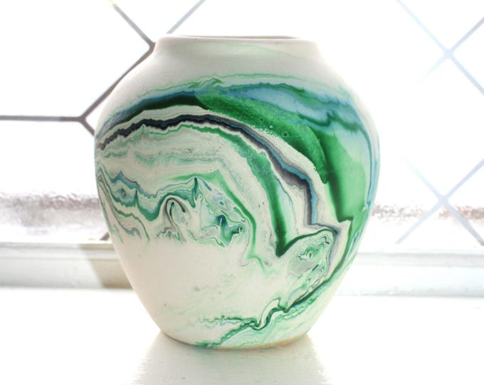 Vintage Nemadji Pottery Vase Southwester Swirl Style Pottery Green Blue