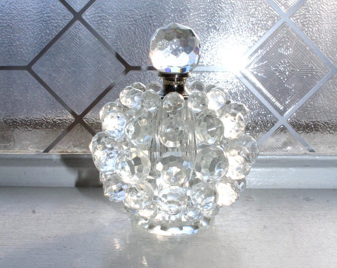 Vintage Crystal Perfume Bottle with Dauber Ball Shaped with Faceted Crystals
