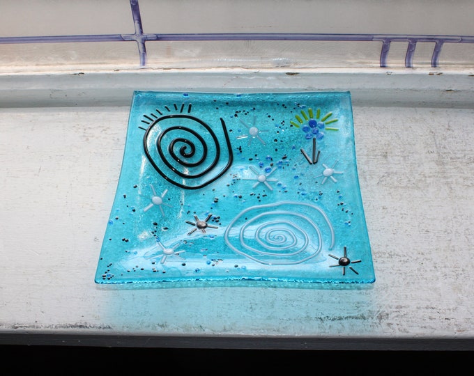 Vintage Blue Fused Glass Square Dish 1980s