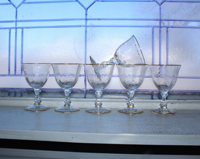 6 Cambridge Wildflower Oyster Fruit Cocktail Glasses with Gold Trim