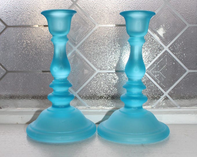 Vintage Tiffin Sky Blue Satin Glass Candlestick Holder Pair