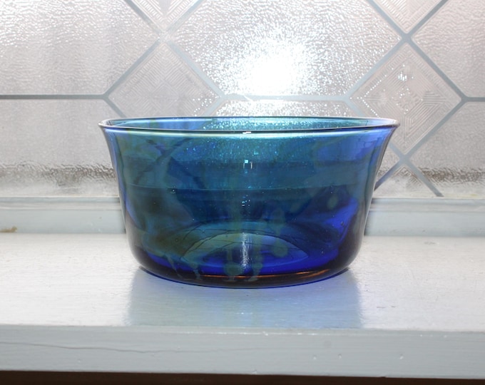 Vintage Studio Art Glass Blue Mottled Bowl Handmade by Donnelly 1987